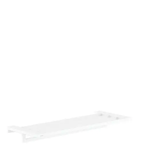Eine handtuchablage in Mattweiß von Hansgrohe, bestehend aus einem länglichen, schlichten Design mit integrierter Ablagefläche und Halter für Handtücher.